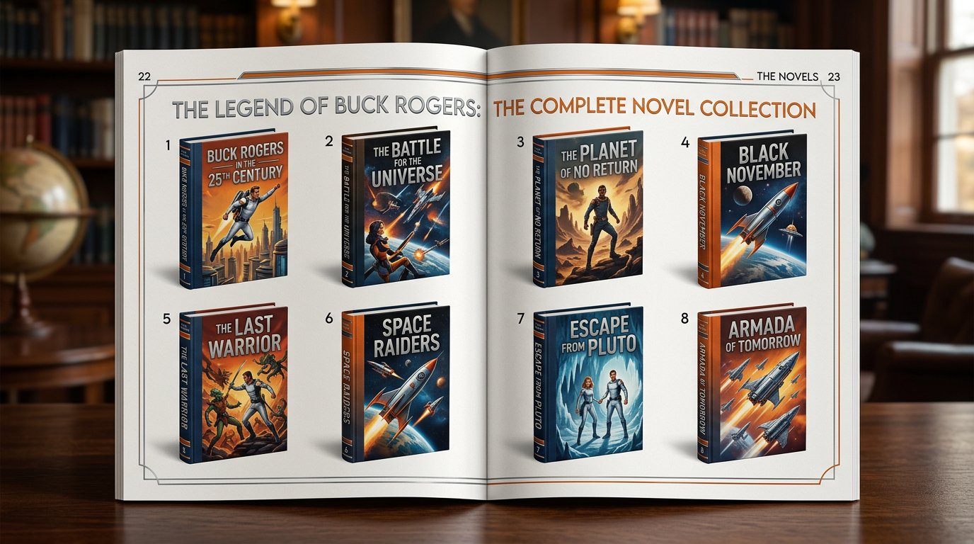 Double page éditoriale comparant les 8 couvertures des romans Buck Rogers